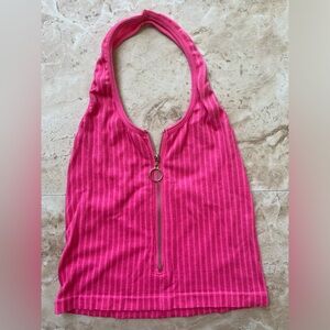 Pink Halter Zip Up Crop Knit Top